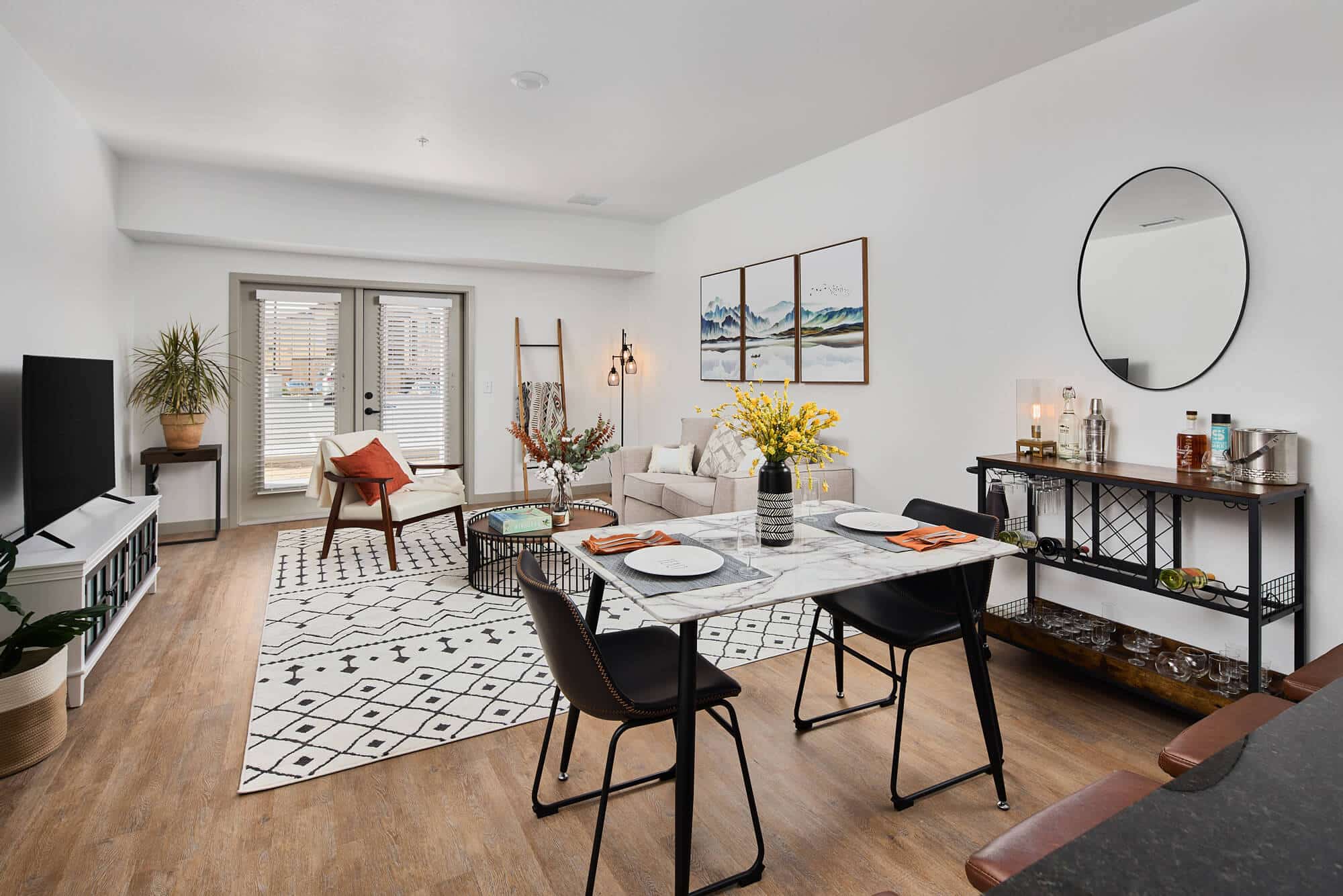 Apartment living room with south western rugs and natural light